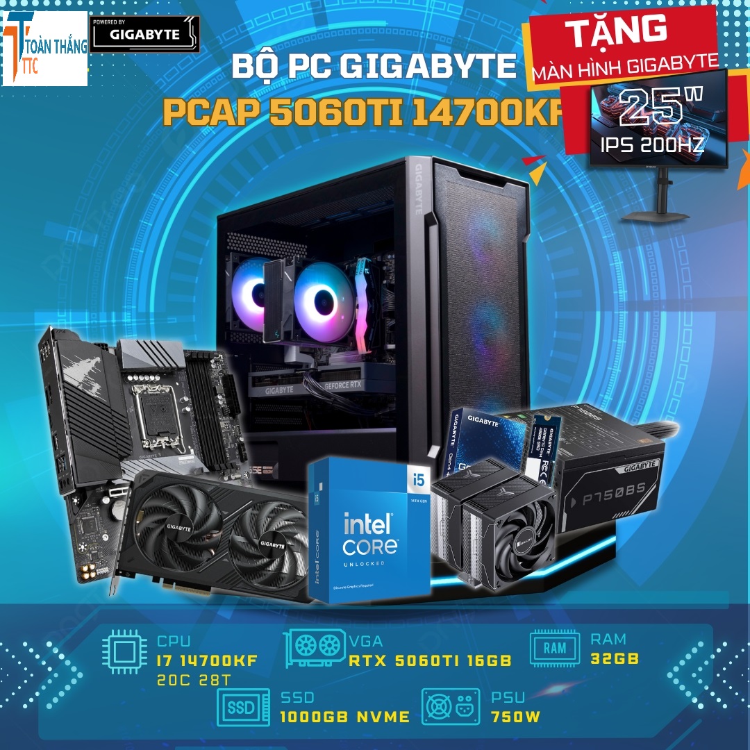 BỘ MÁY TÍNH GIGABYTE RTX5060 TI 16GB - PCAP Live E-sports i7 14700KF, RAM 32GB, SSD 1TB